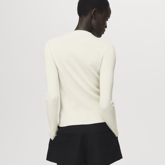 Mango XL Ivory Fine Knit Ribbed Mock Neck Mini Button Front Wool Blend Cardigan - Picture 2 of 16